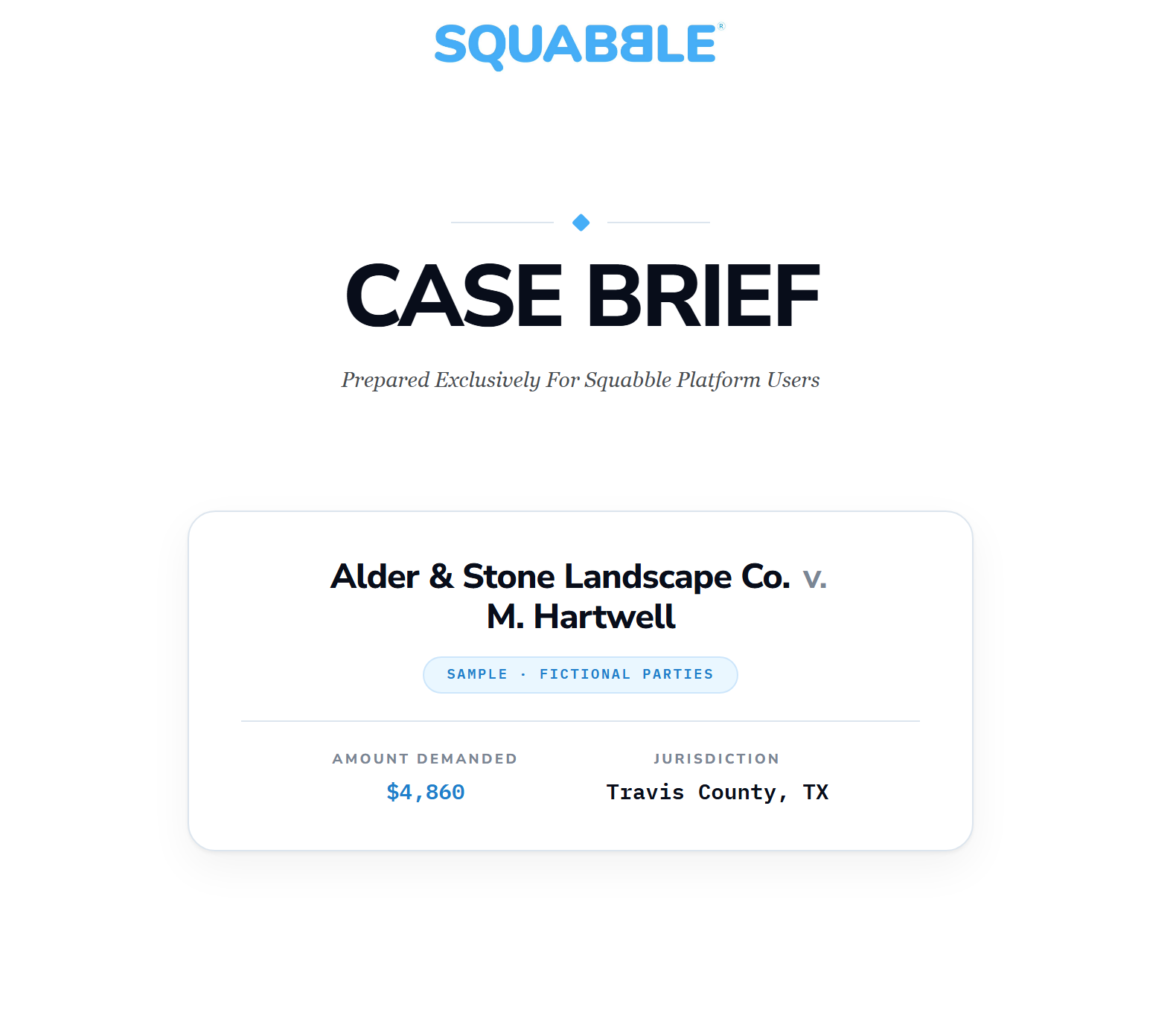 Sample Case Brief cover: Alder & Stone Landscape Co. v. M. Hartwell, $4,860, Travis County, TX